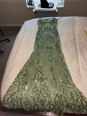 Windsor Green Sequin Embellished Prom Gown with Leg Slit